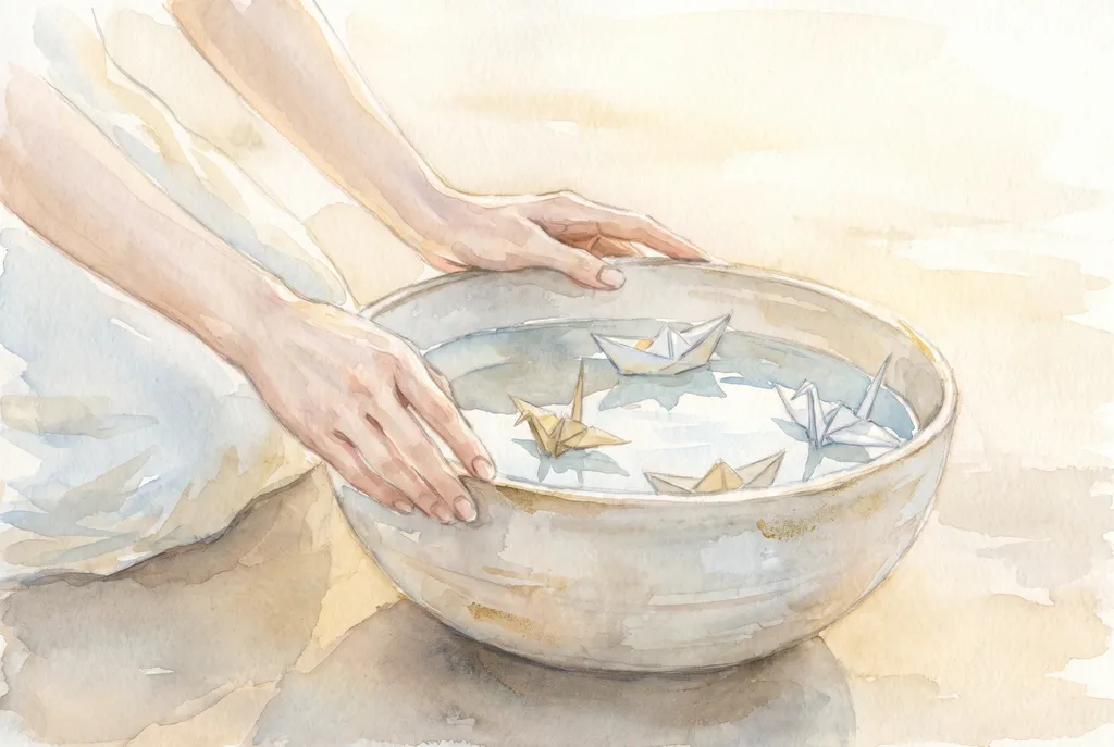 Aquarela de mãos femininas descansando na borda de uma bacia com figuras de papel flutuando