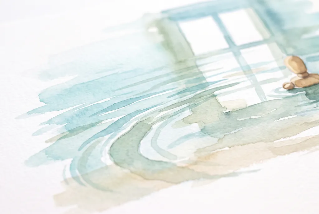 Aquarela de ondulações delicadas na superfície da água com uma pequena figura flutuando