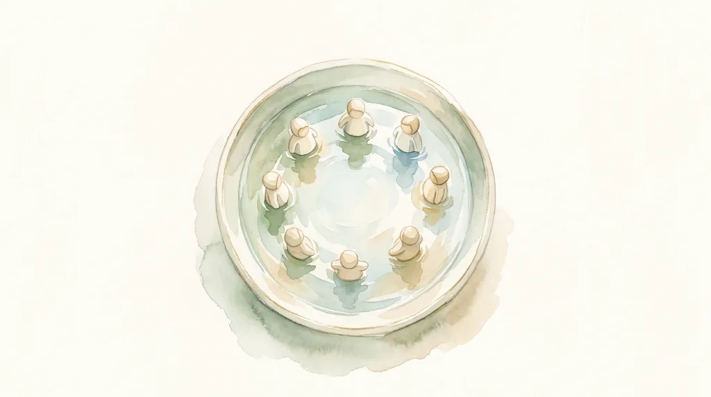 Aquarela de pequenas figuras de madeira flutuando em círculo sobre a água
