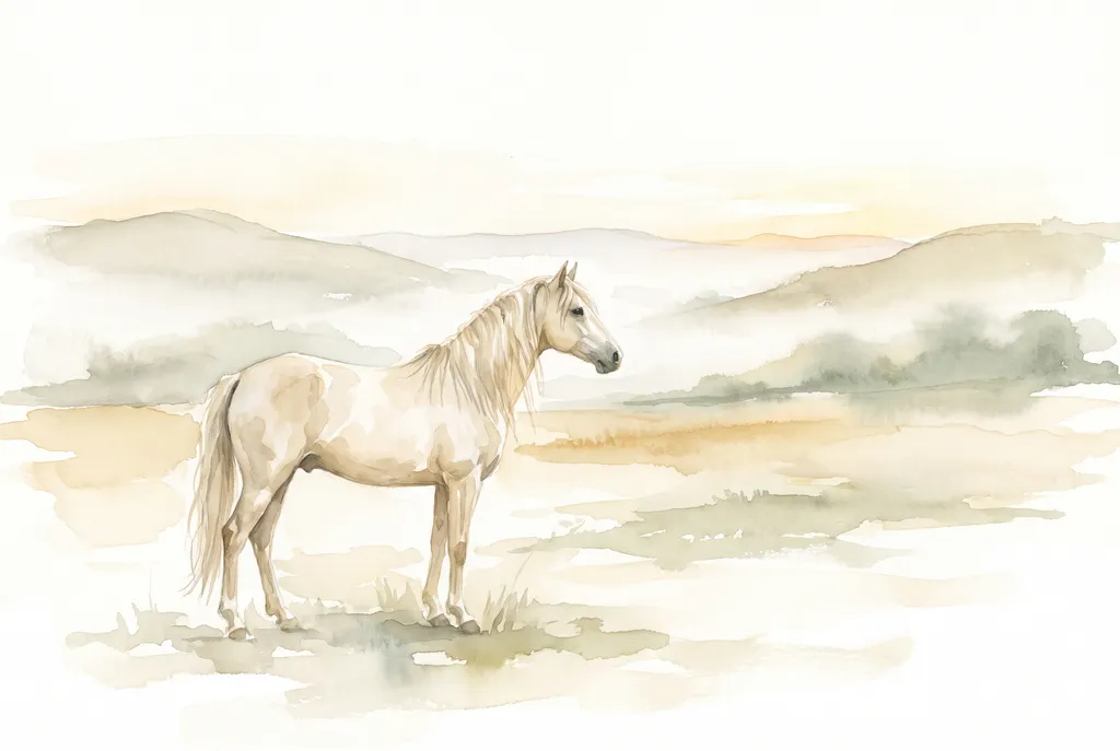 Aquarela de um cavalo claro num campo aberto ao entardecer