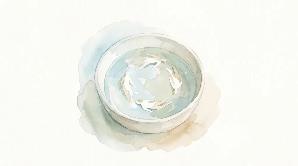 Aquarela de uma bacia rasa com pequenas figuras flutuando em círculo sobre a água