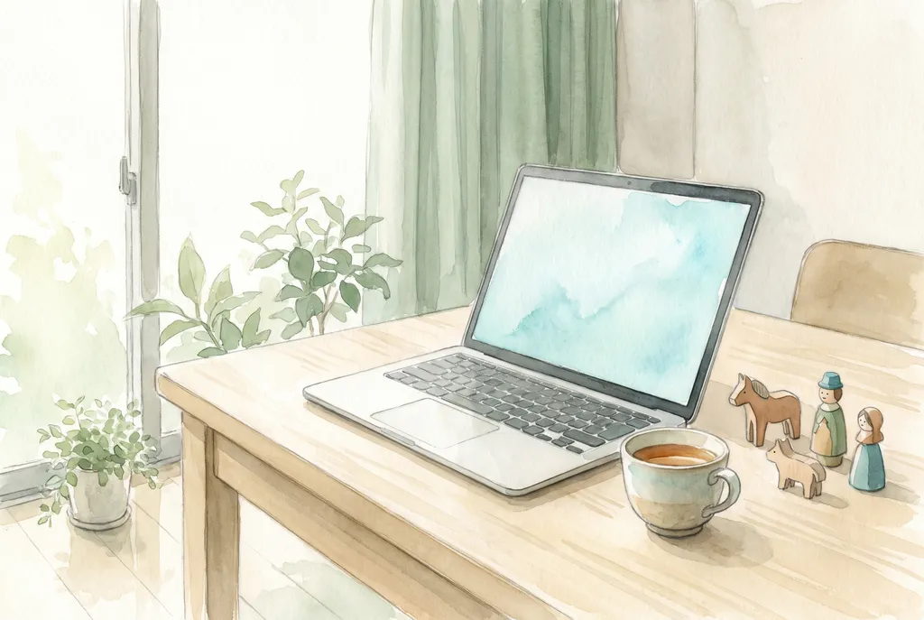 Aquarela de um laptop aberto sobre uma mesa de madeira com bonecos de constelação ao lado